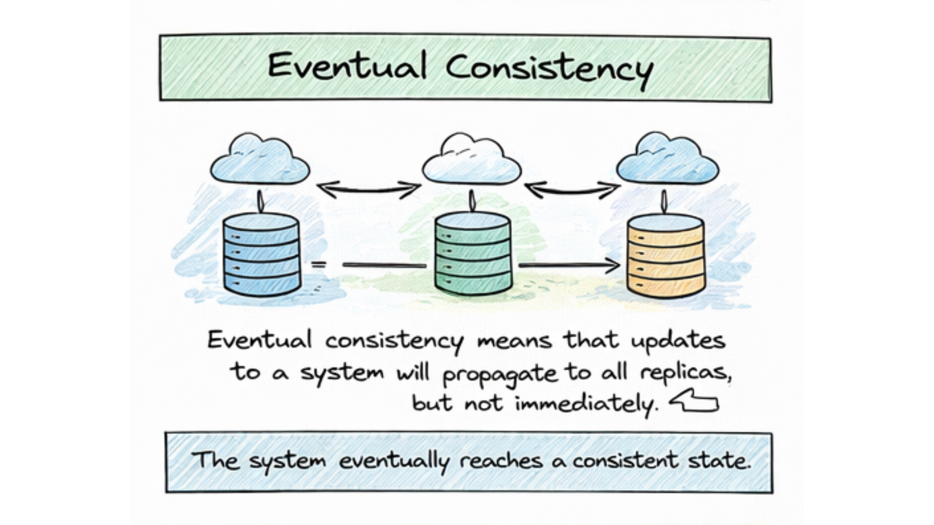 Diagrama: consistência eventual — dados convergem após sincronização entre réplicas