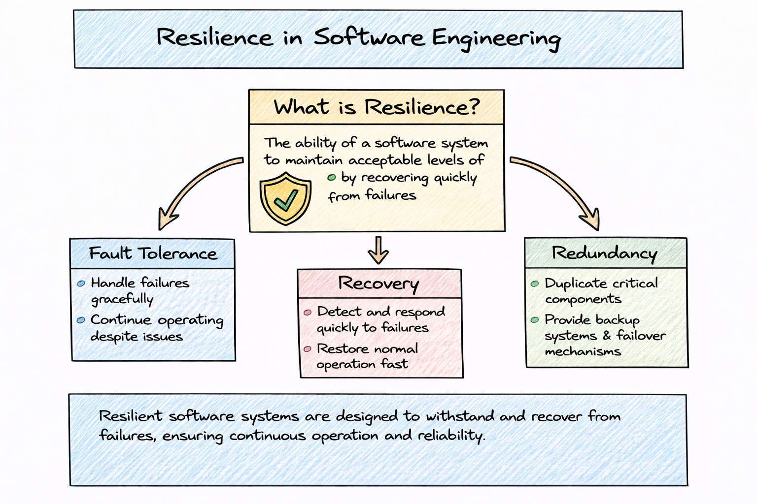 Diagrama: resiliência — sistema continua funcionando mesmo quando partes falham Diagrama: resiliência — sistema continua funcionando mesmo quando partes falham